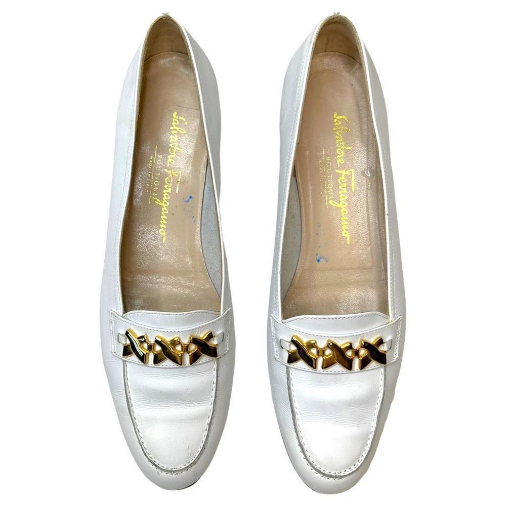 Salvatore Ferragamo White Leather Buckle Loafers Shoes Block Heel Size 9.5 - Picture 3 of 9